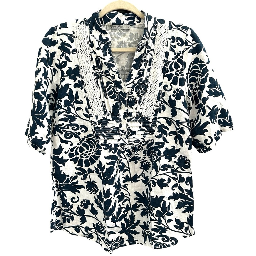 Elena Baldi Women’s Short Sleeve‎ Floral Lace Trim Linen Top  Sz S